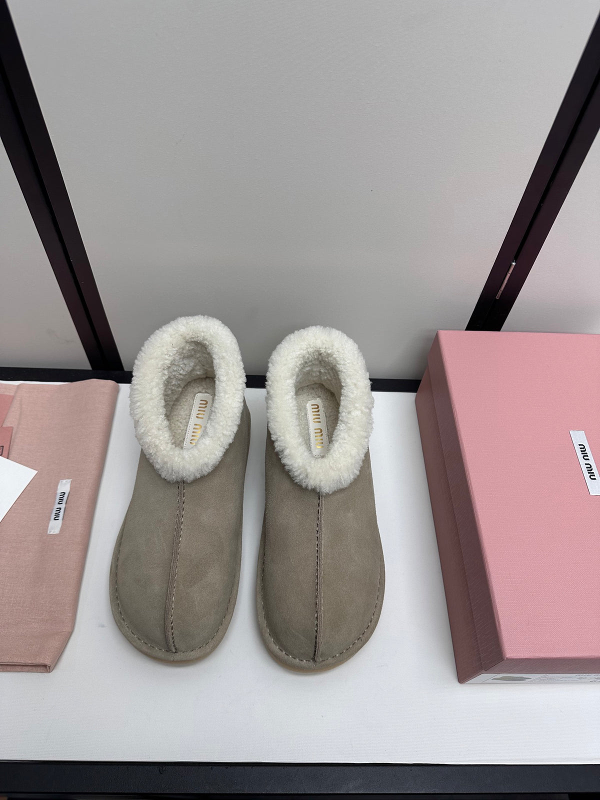 Taupe Ankle Boots with Cream Fluffy Trim