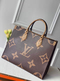 Brown top-handle tote with oversized monogram print and contrasting patterned handles