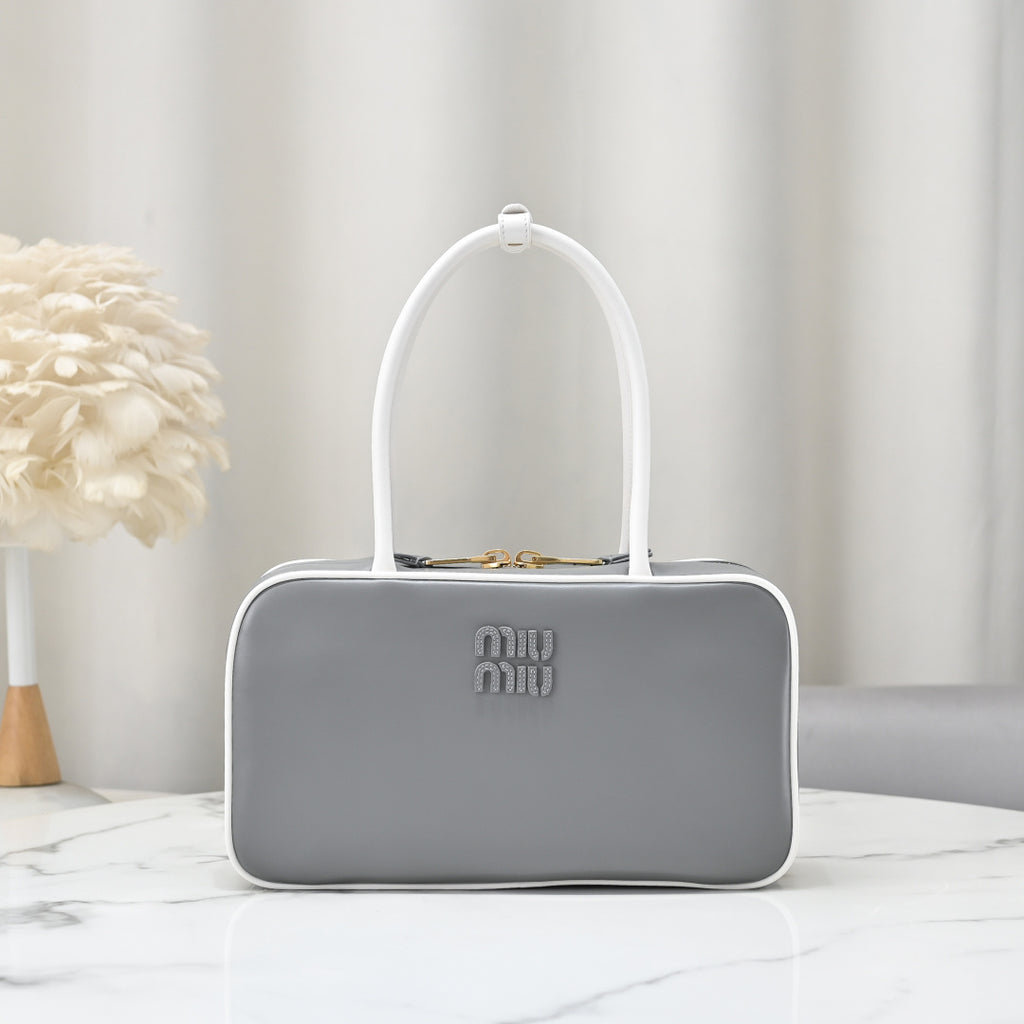 Grey Rectangular Bag with White Handles and Trim