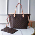 Brown monogram tote bag with tan handles and side ties, pictured beside a matching pouch