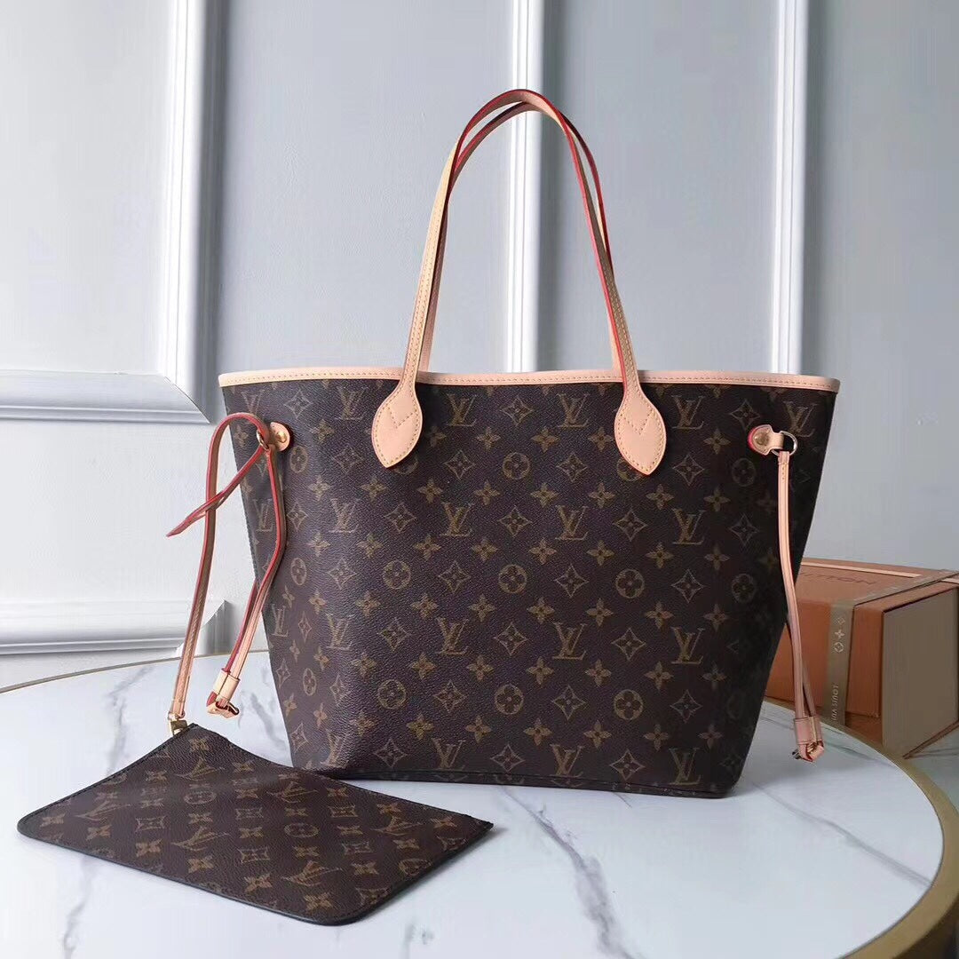 Brown monogram tote bag with tan handles and side ties, pictured beside a matching pouch