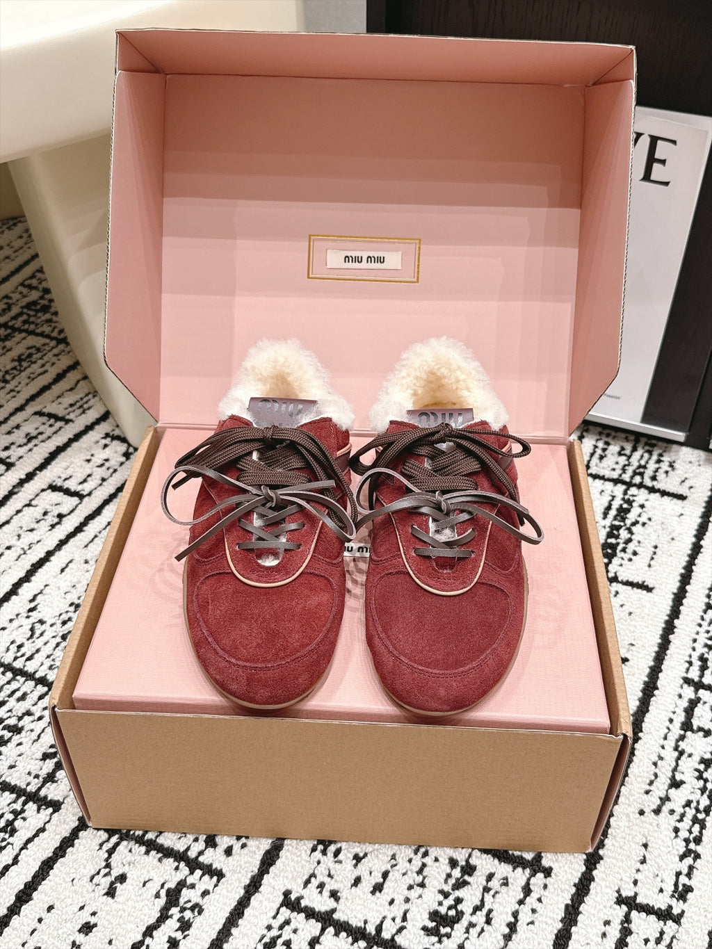 Burgundy Lace-Up Sneakers with Cream Fluffy Trim