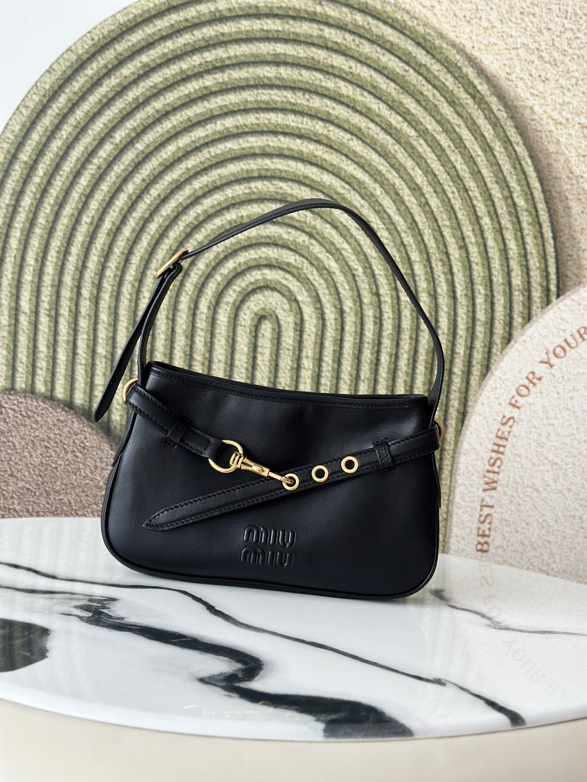 Black Shoulder Bag with Gold-Tone Belt Detail