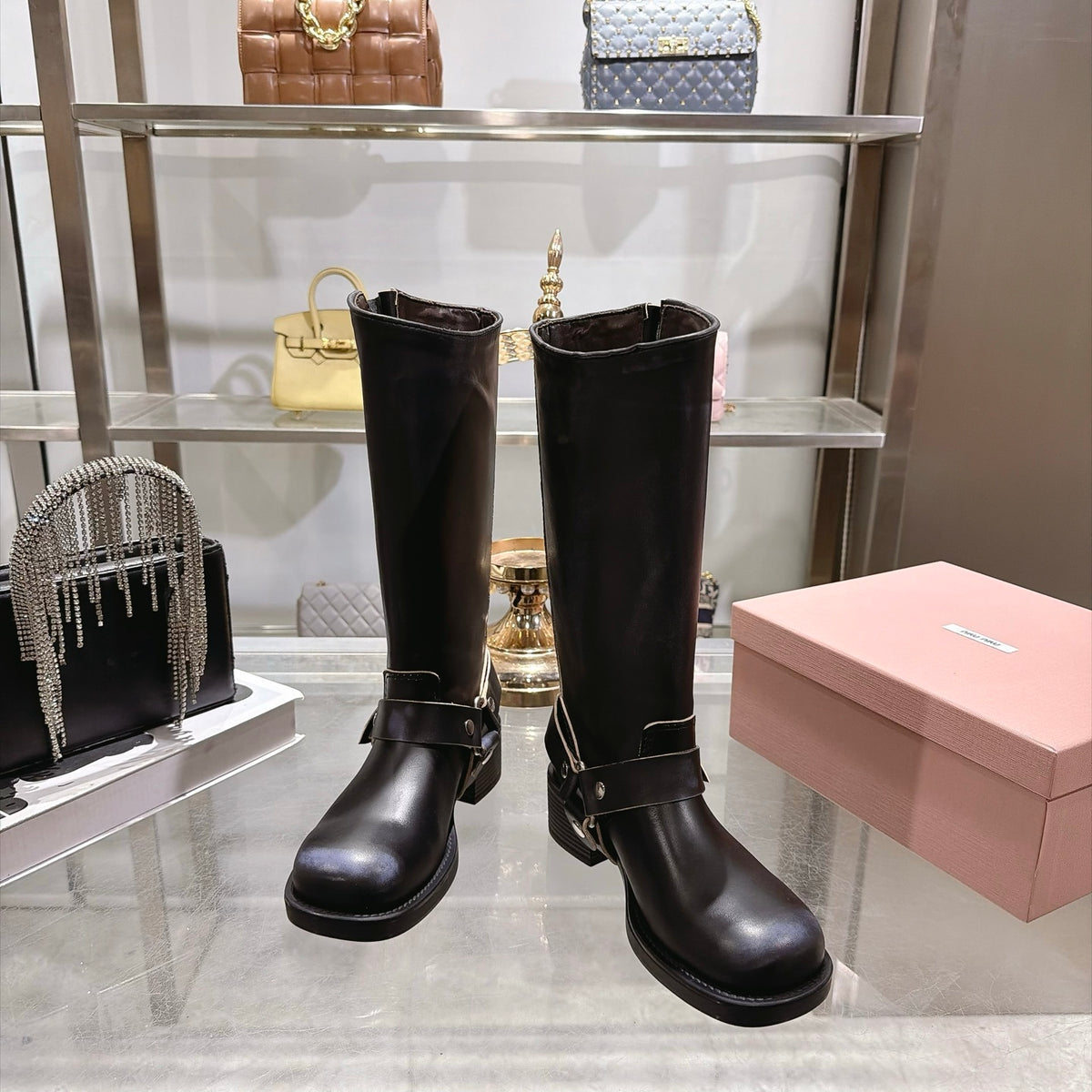 Black Tall Boots with Ankle Strap Detail