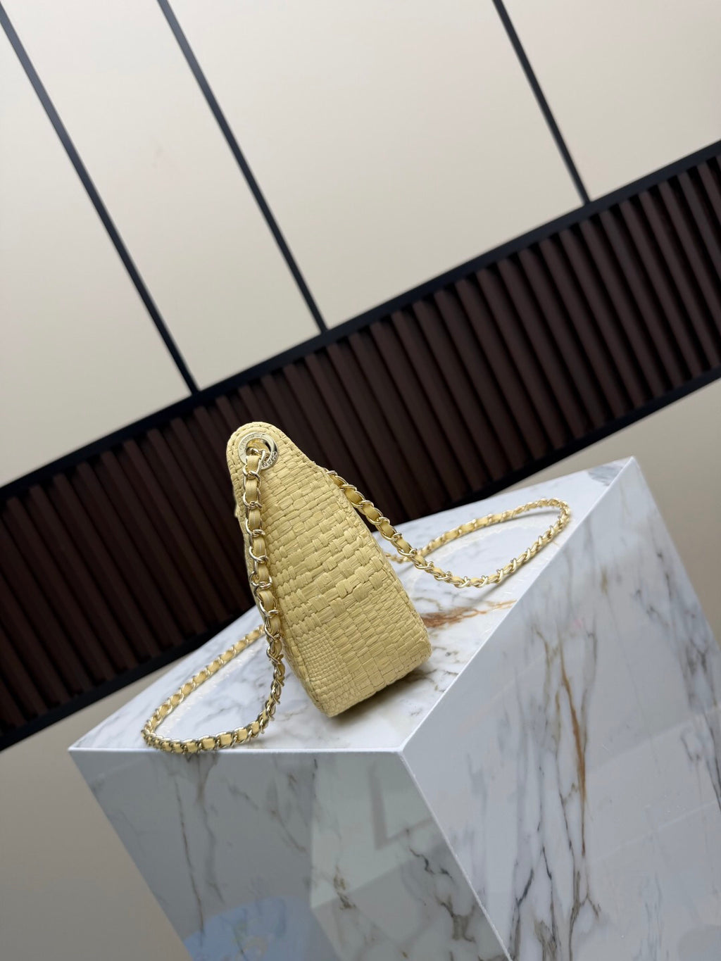 Pale Yellow Textured Shoulder Bag with Gold-Tone Chain