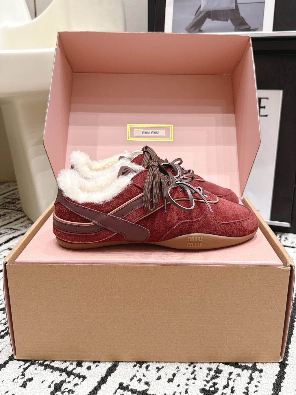 Burgundy Lace-Up Sneakers with Cream Fluffy Trim