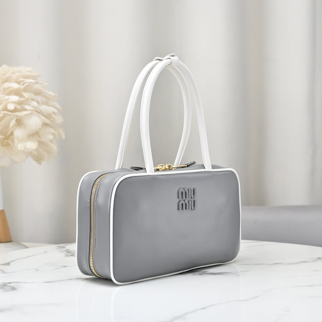 Grey Rectangular Bag with White Handles and Trim