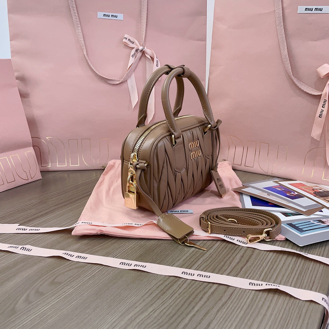 Taupe Ruched Top-Handle Bag with Gold-Tone Zip