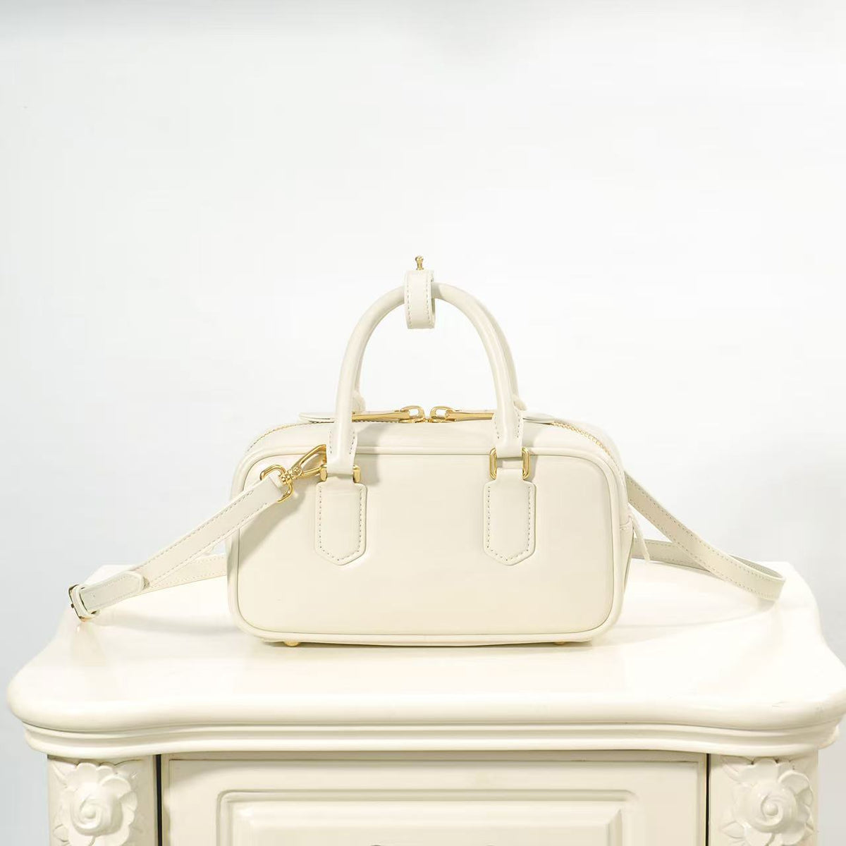 Ivory Top-Handle Bag with Gold-Tone Zip