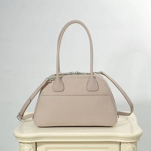 Beige Dome Bag with Shoulder Strap and Silver-Tone Details