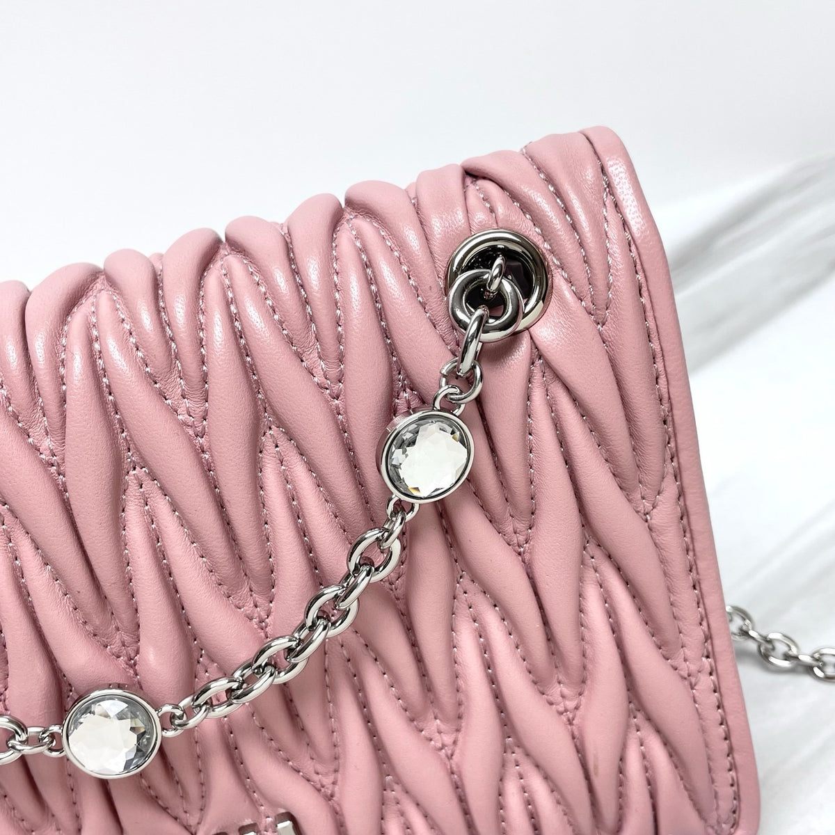 Dusty Pink Ruched Shoulder Bag with Silver-Tone Chain