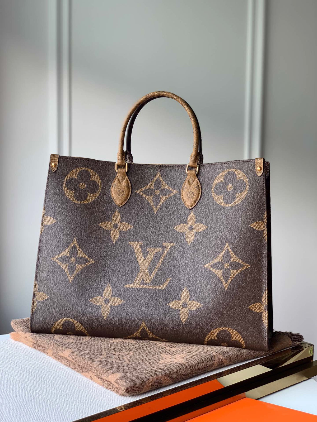 Tan Oversized Monogram Tote Bag