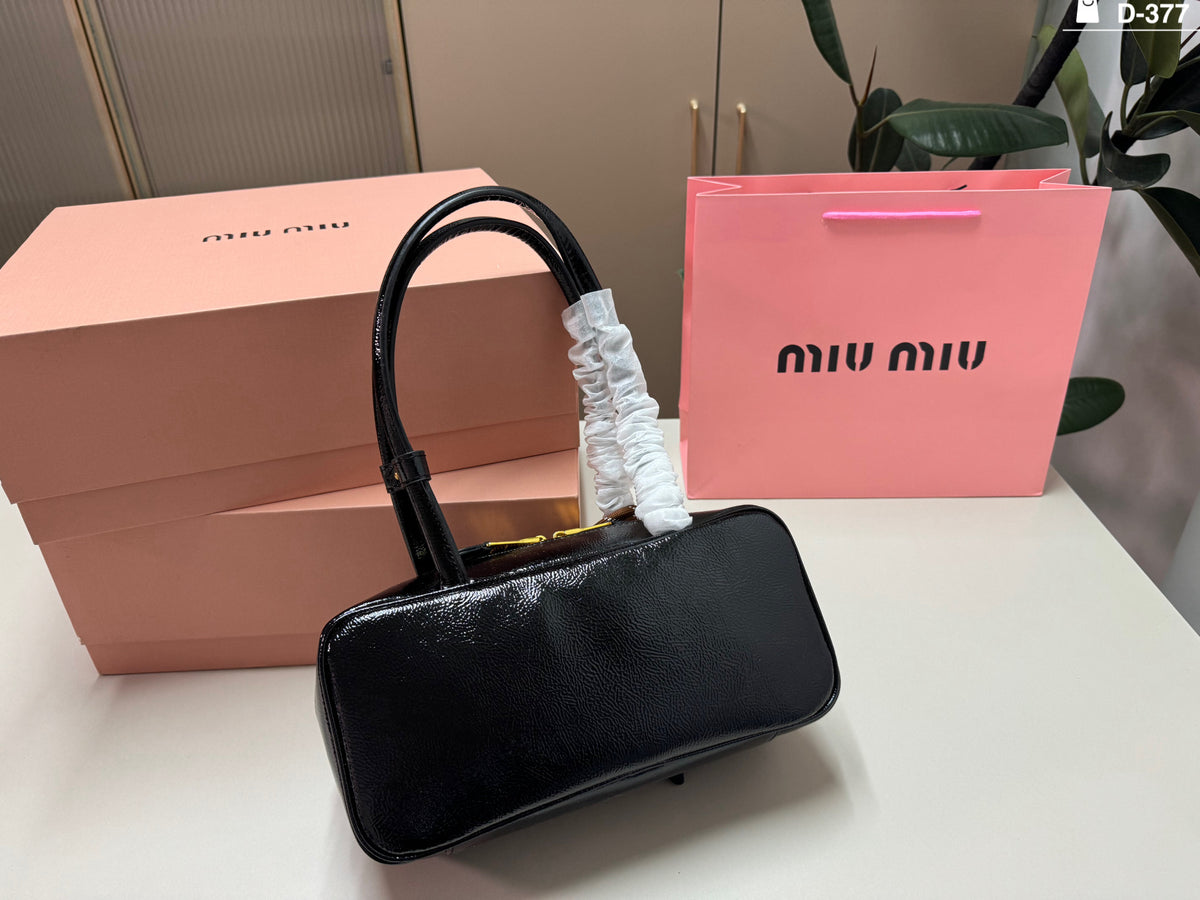 Glossy Black Shoulder Bag with Gold-Tone Zip