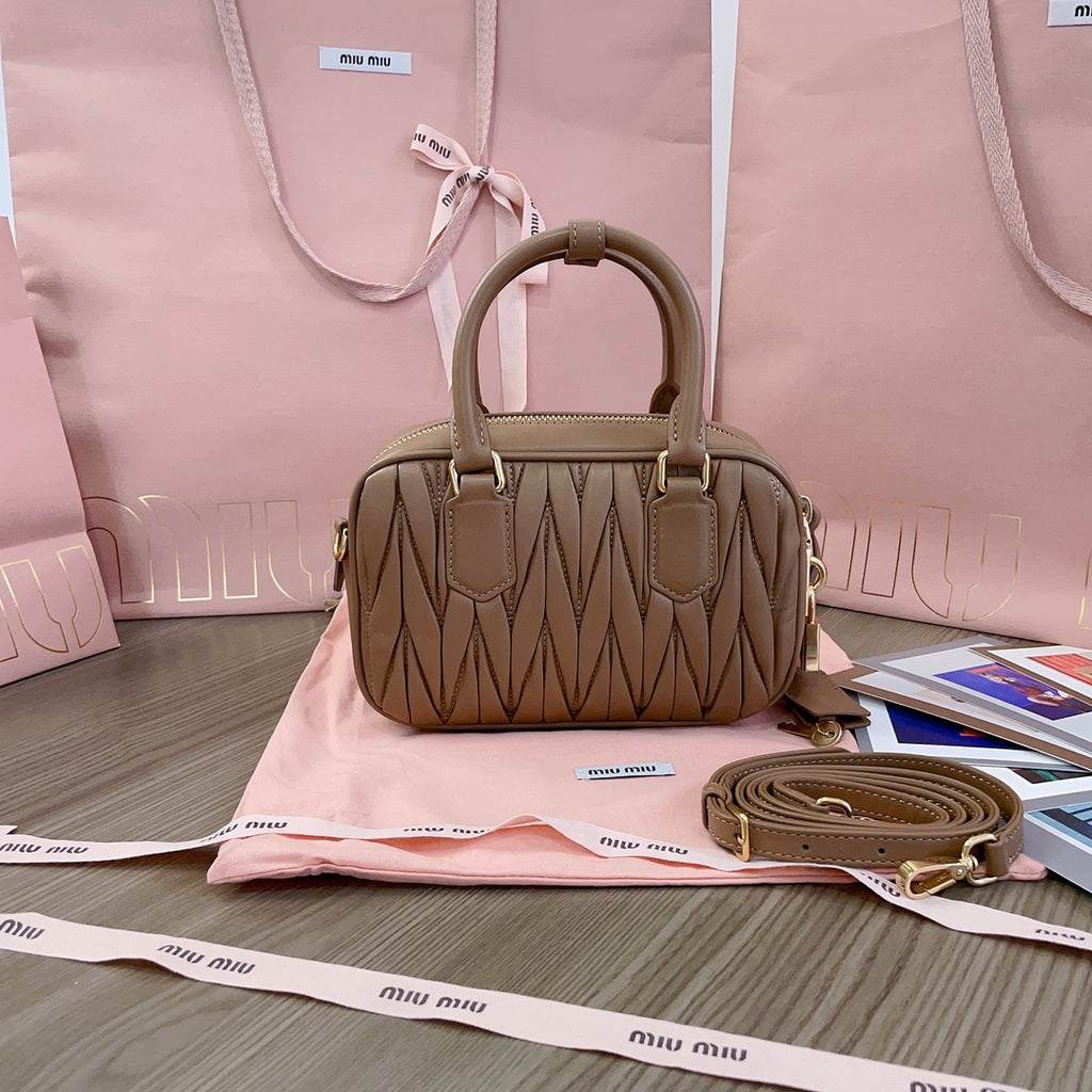 Taupe Ruched Top-Handle Bag with Gold-Tone Zip