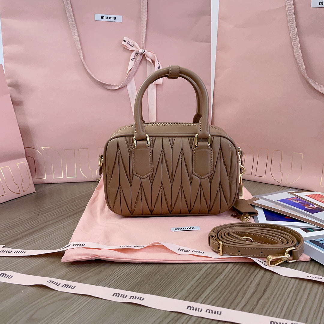 Taupe Ruched Top-Handle Bag with Gold-Tone Zip