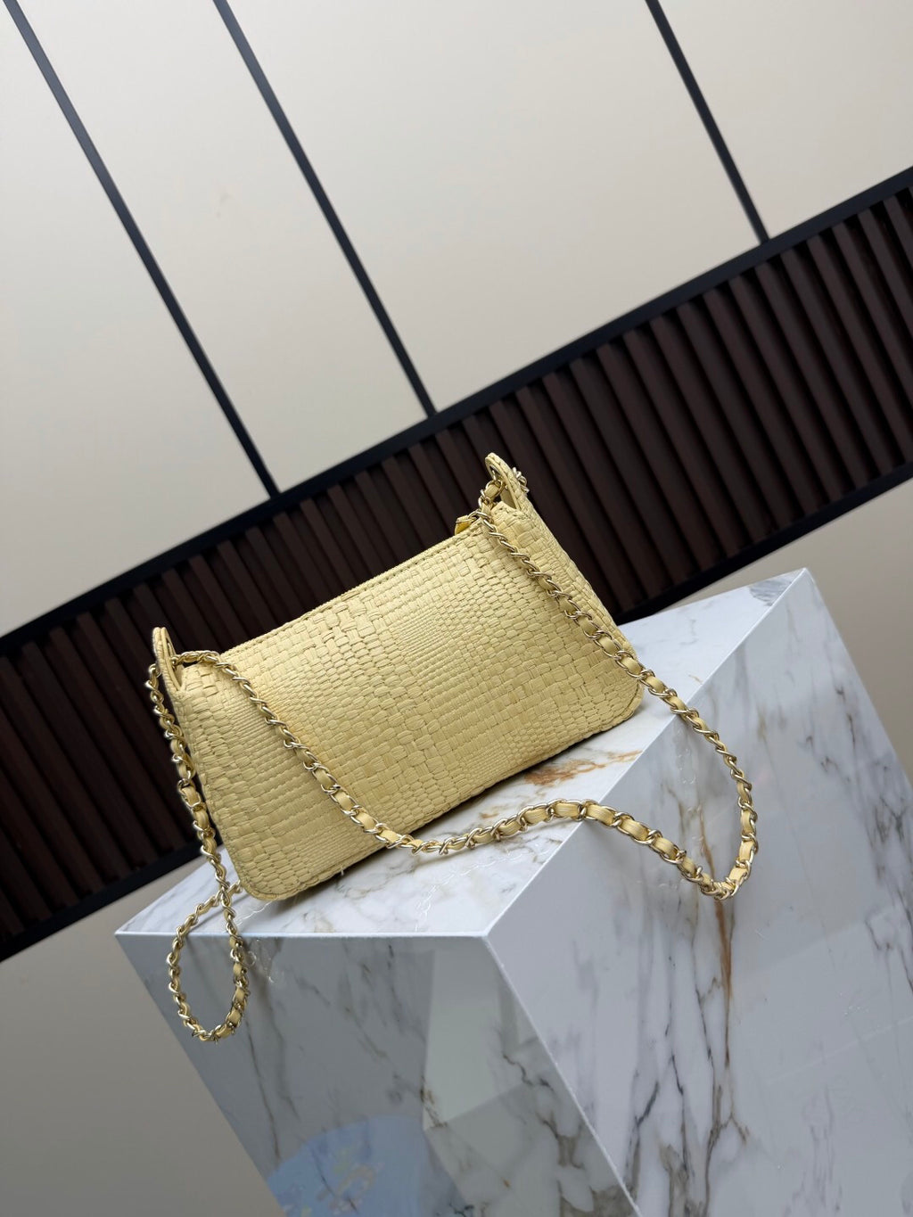 Pale Yellow Textured Shoulder Bag with Gold-Tone Chain