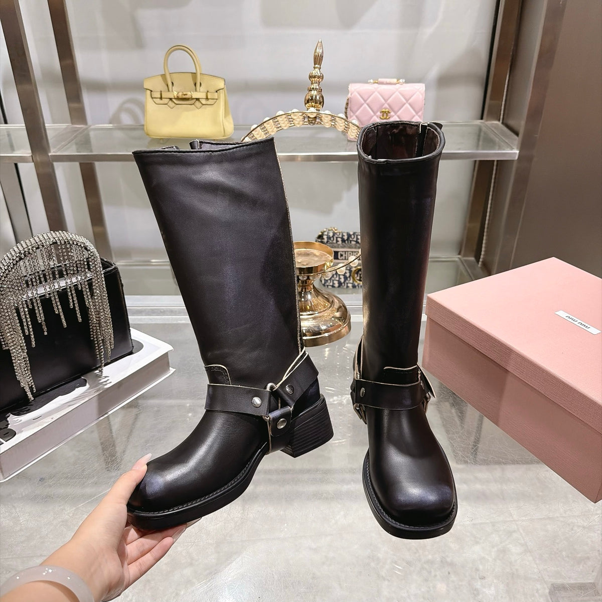 Black Tall Boots with Ankle Strap Detail