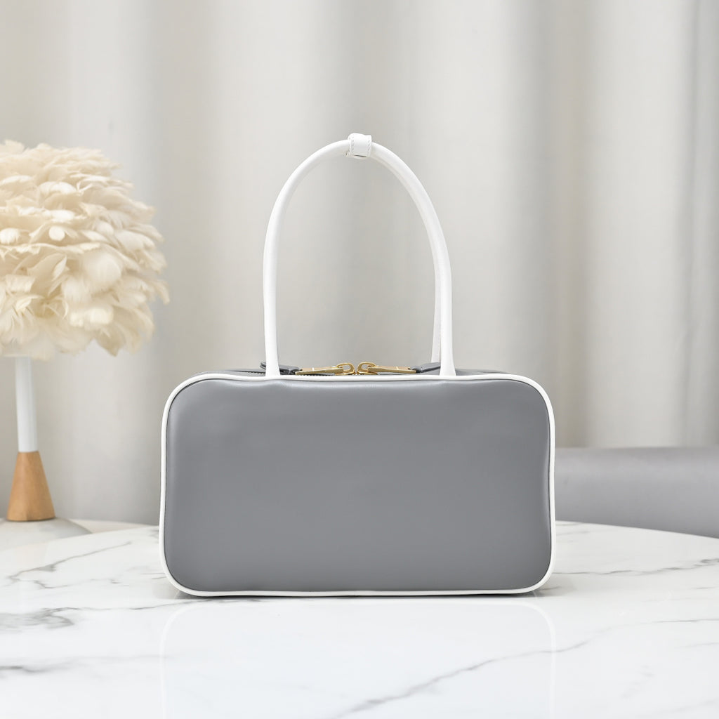 Grey Rectangular Bag with White Handles and Trim