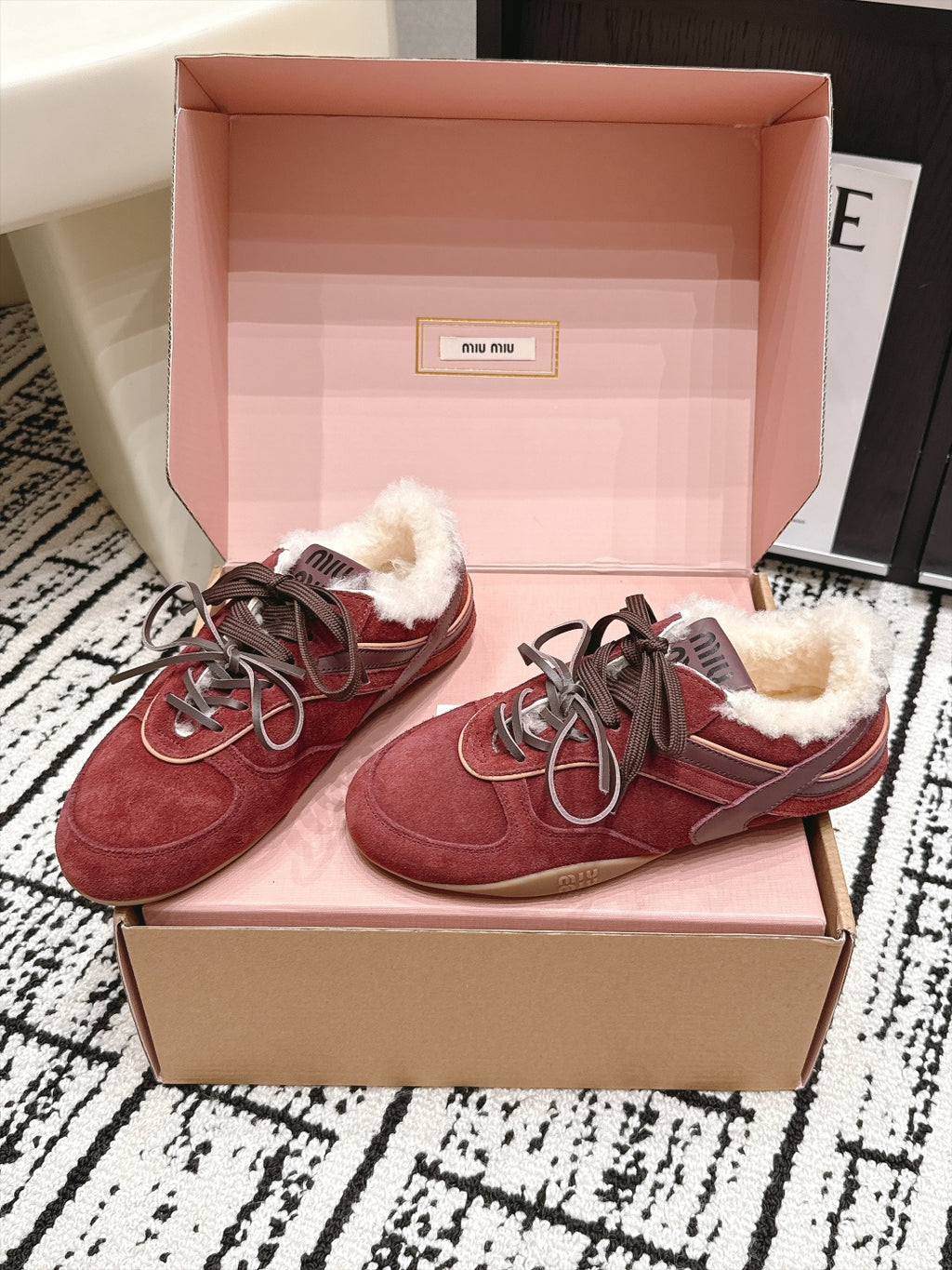 Burgundy Lace-Up Sneakers with Cream Fluffy Trim