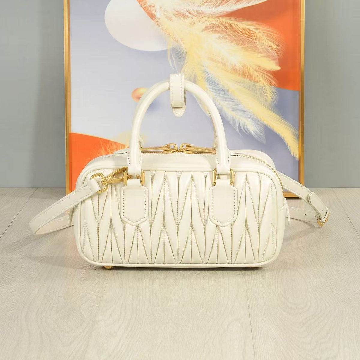 Ivory Ruched Top-Handle Bag with Shoulder Strap