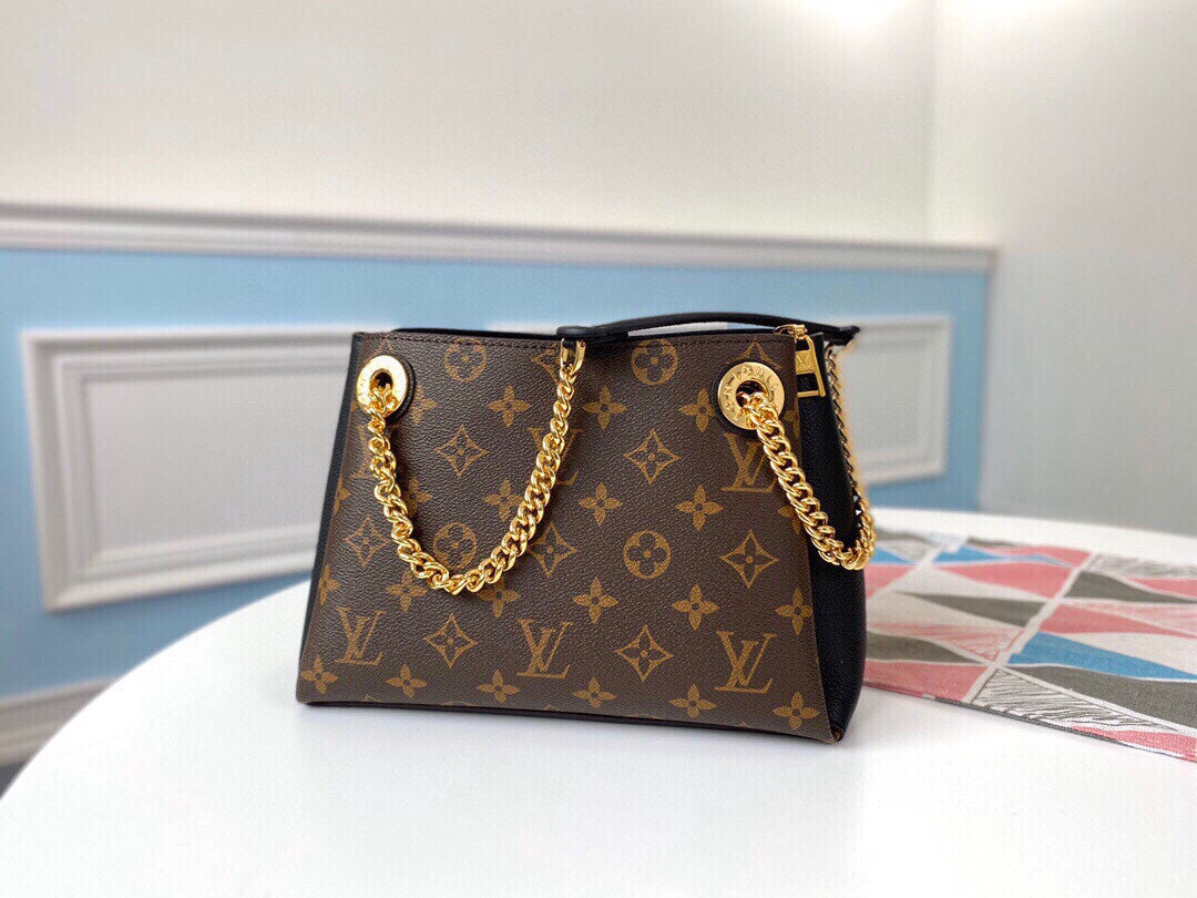 Brown Monogram Shoulder Bag with Gold-Tone Chains