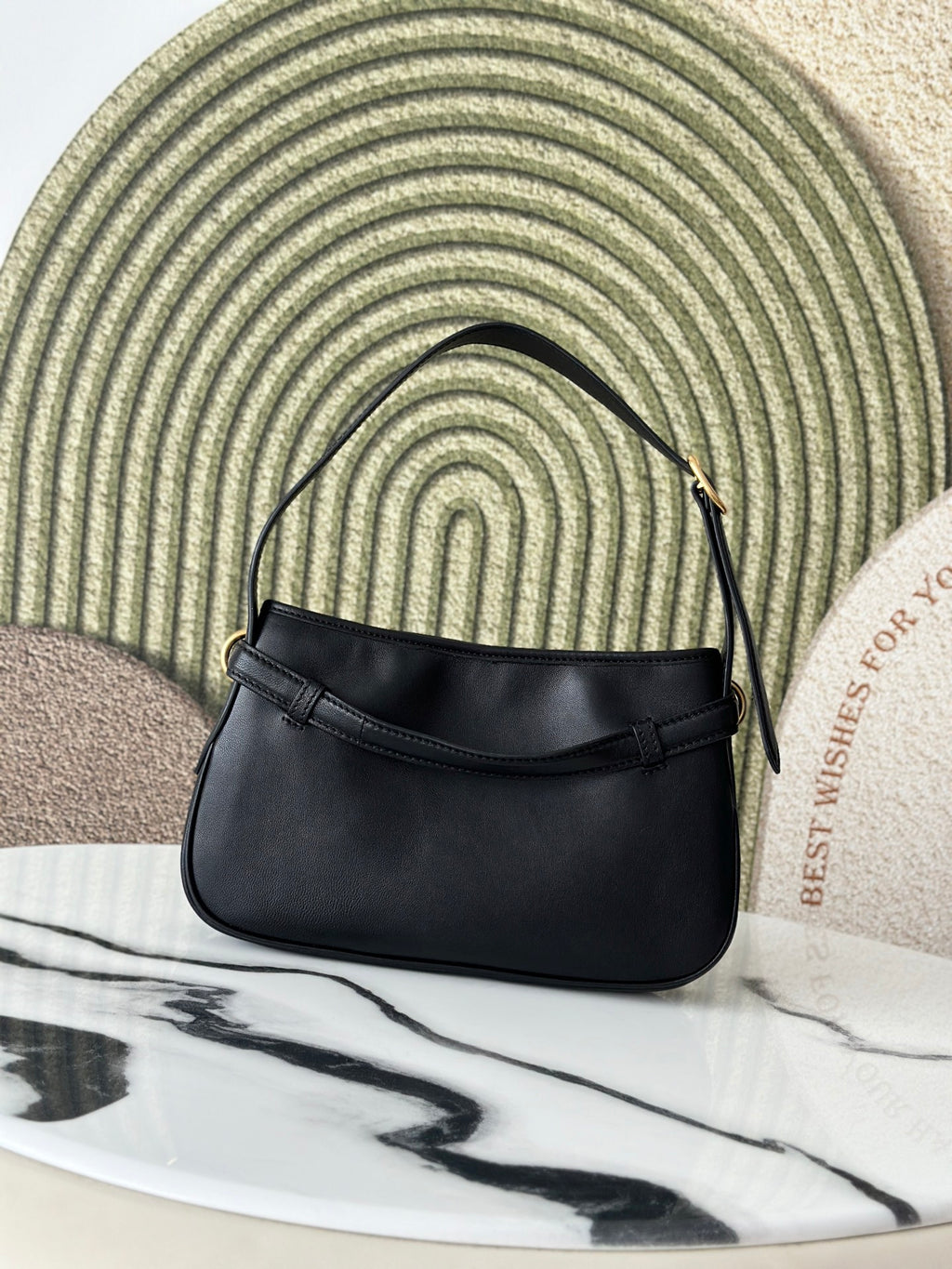 Black Shoulder Bag with Gold-Tone Belt Detail