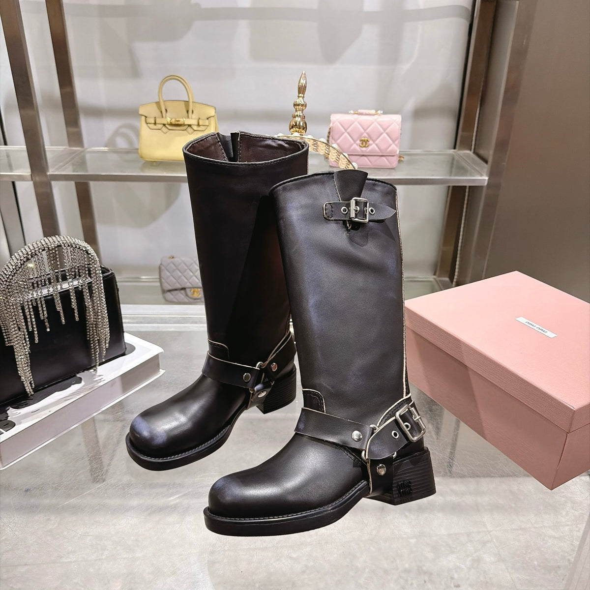 Black Tall Boots with Ankle Strap Detail