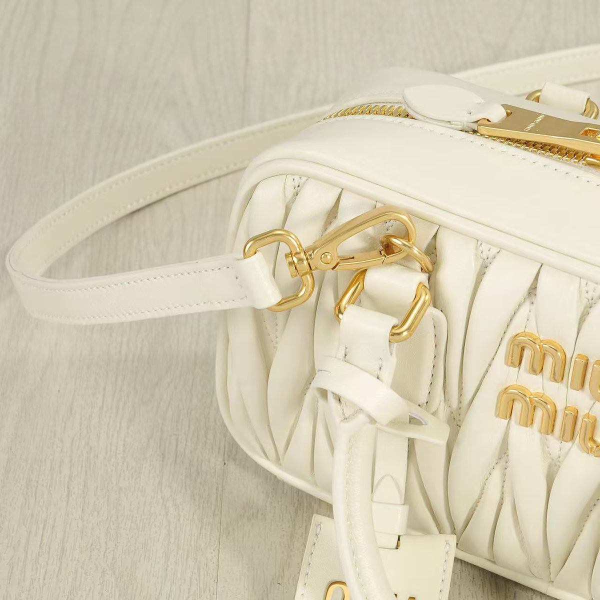 Ivory Ruched Top-Handle Bag with Shoulder Strap