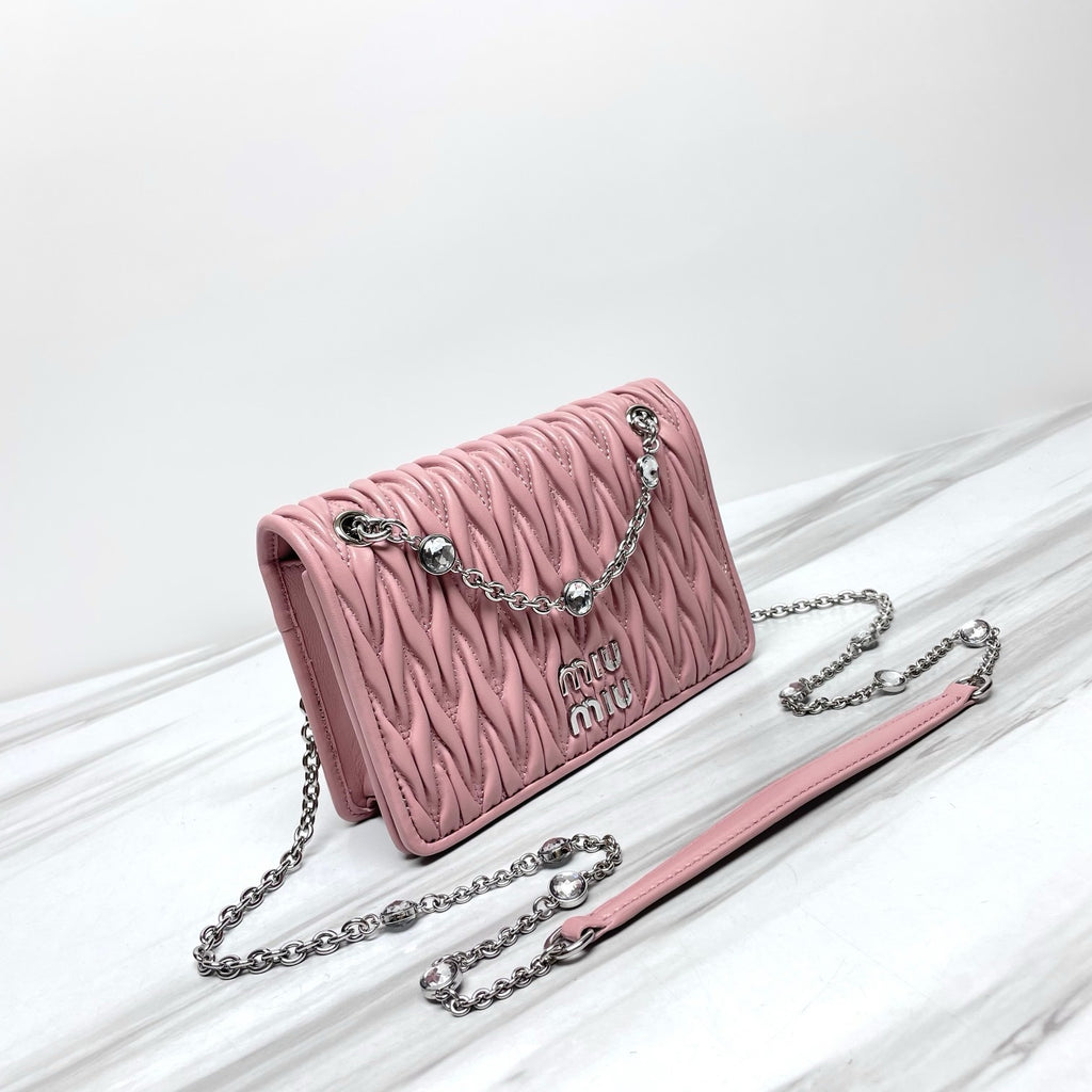 Dusty Pink Ruched Shoulder Bag with Silver-Tone Chain