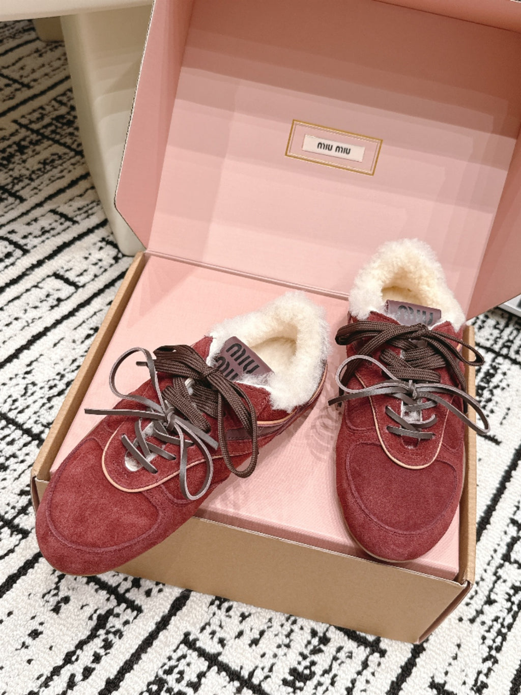 Burgundy Lace-Up Sneakers with Cream Fluffy Trim