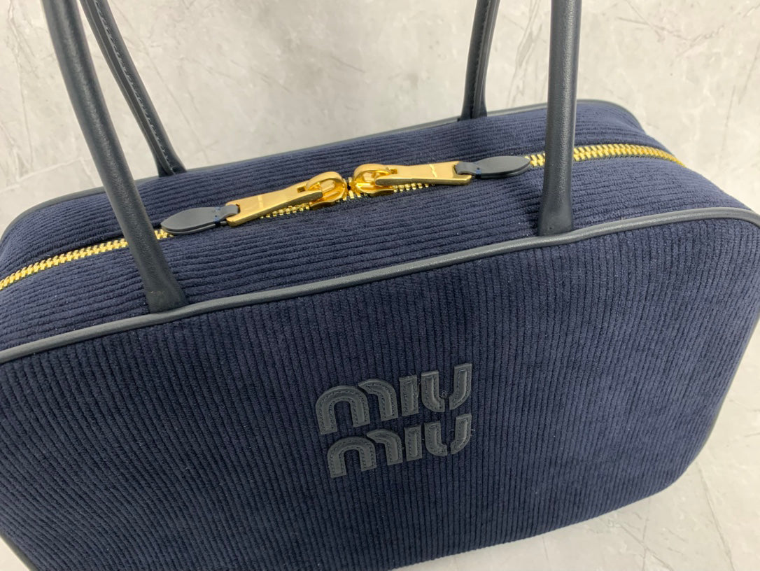 Dark Navy Ribbed Bag with Twin Handles