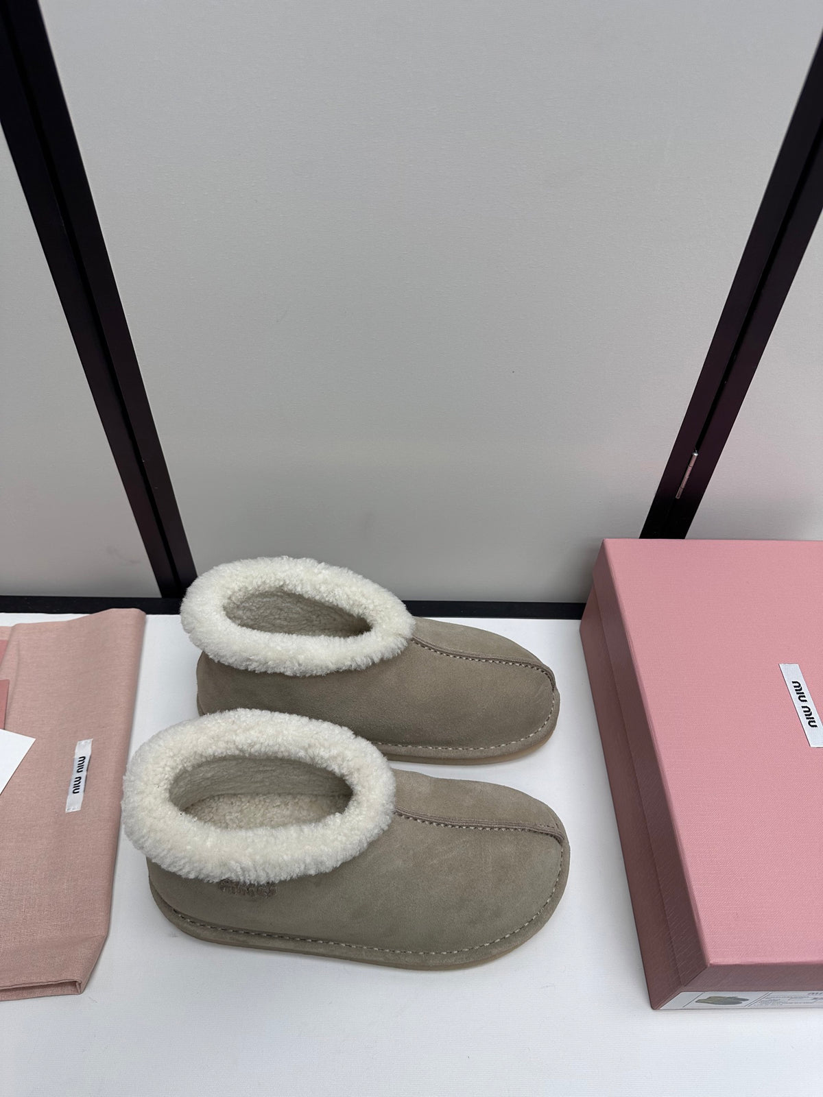 Taupe Ankle Boots with Cream Fluffy Trim