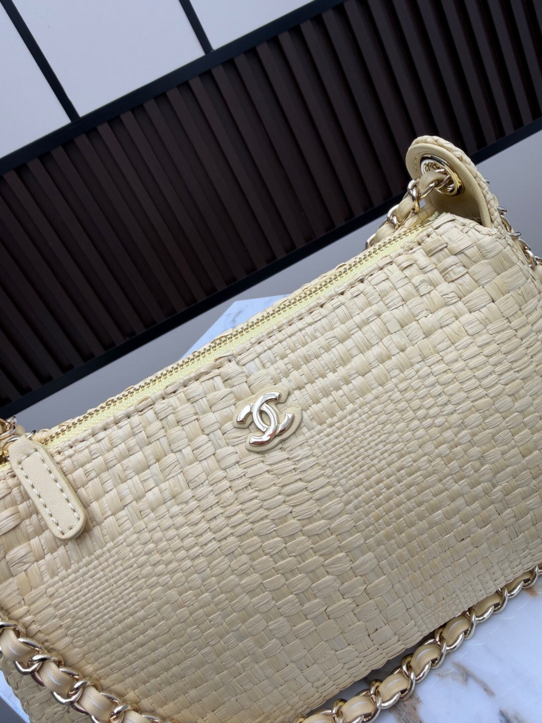 Pale Yellow Textured Shoulder Bag with Gold-Tone Chain