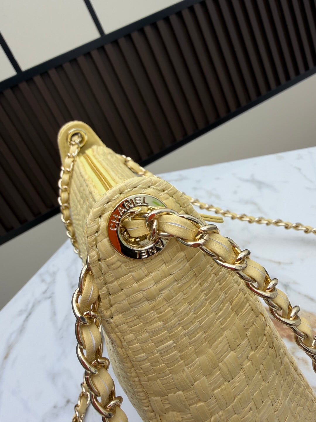 Pale Yellow Textured Shoulder Bag with Gold-Tone Chain
