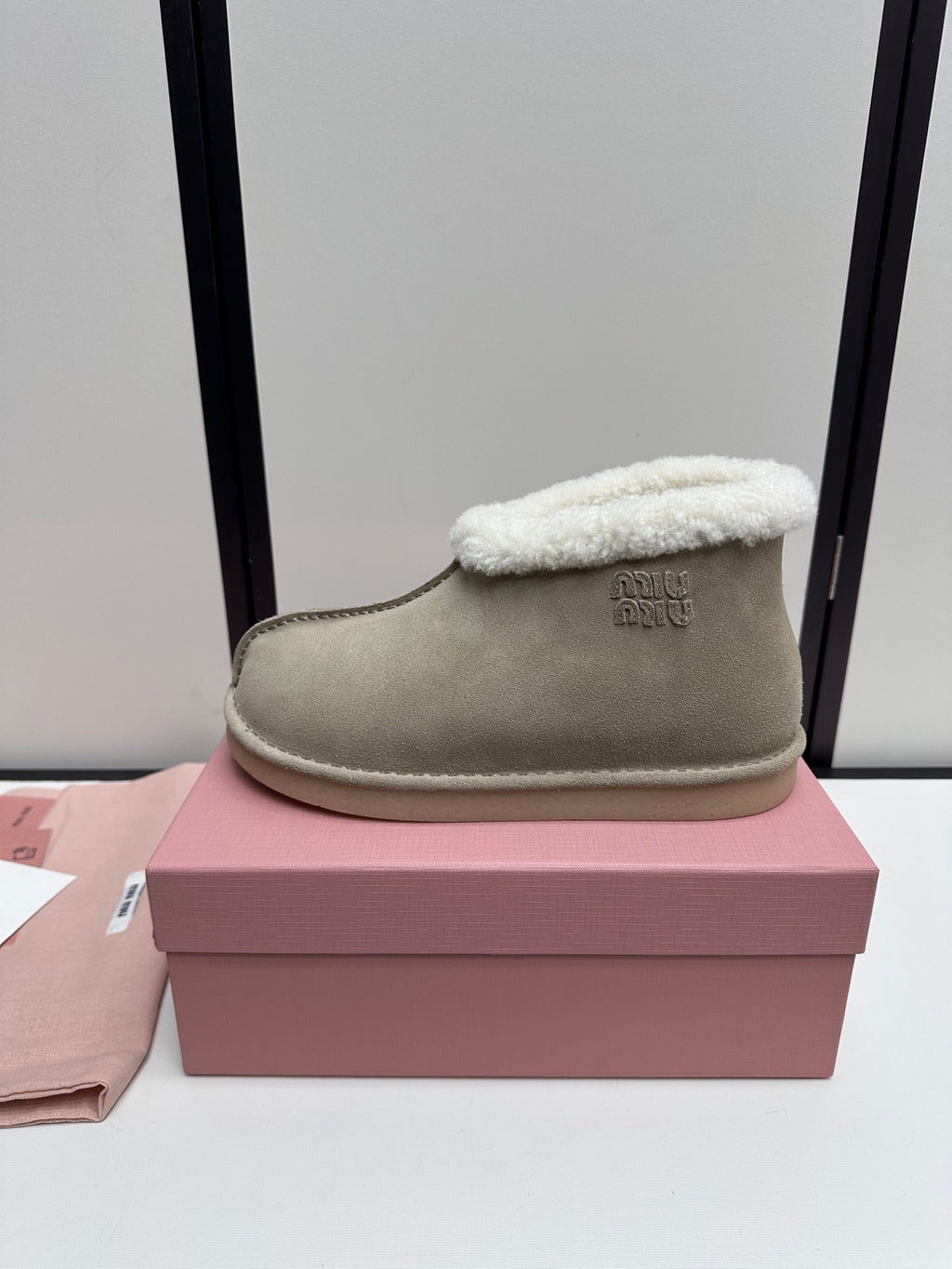 Taupe Ankle Boots with Cream Fluffy Trim