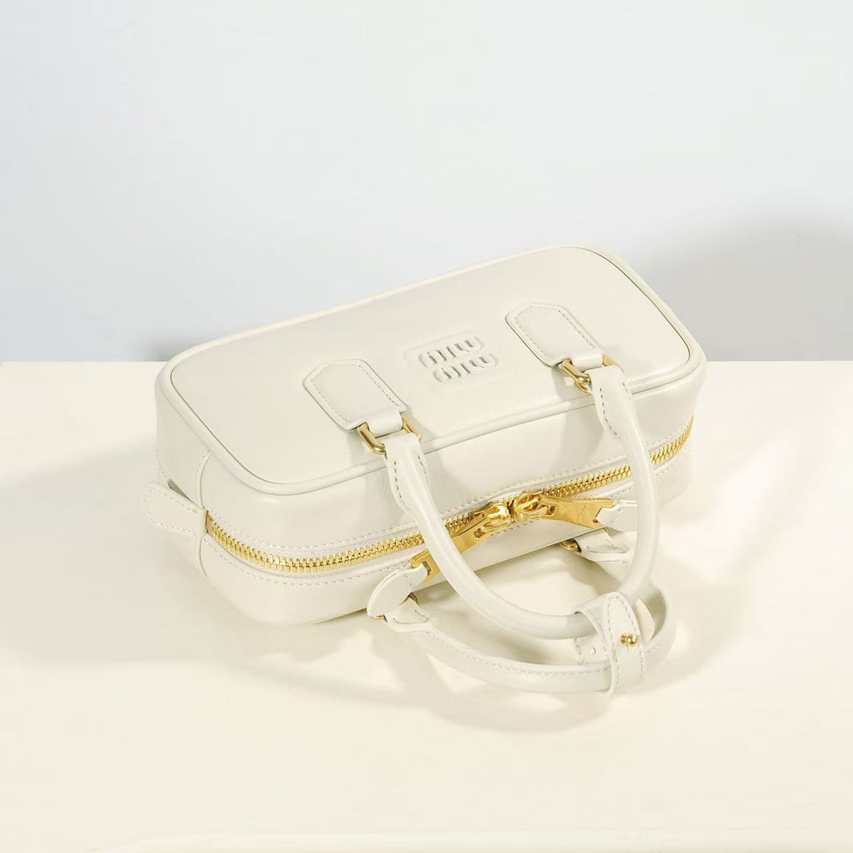 Ivory Top-Handle Bag with Gold-Tone Zip