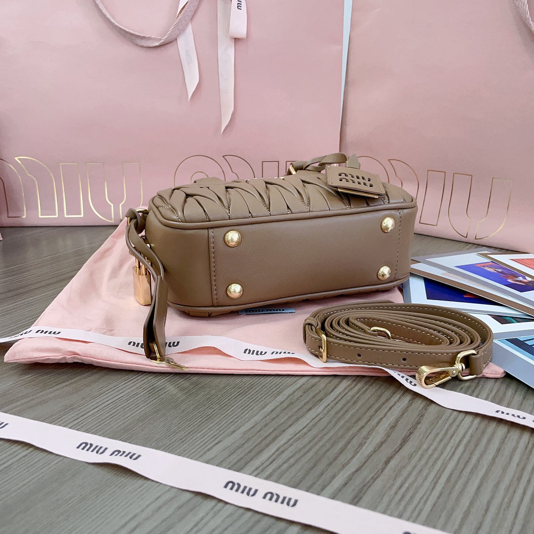 Taupe Ruched Top-Handle Bag with Gold-Tone Zip