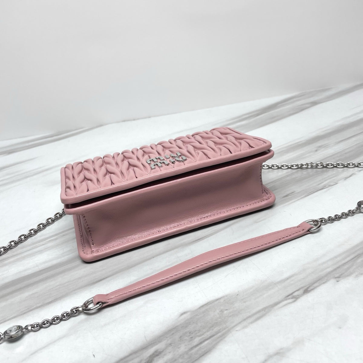 Dusty Pink Ruched Shoulder Bag with Silver-Tone Chain