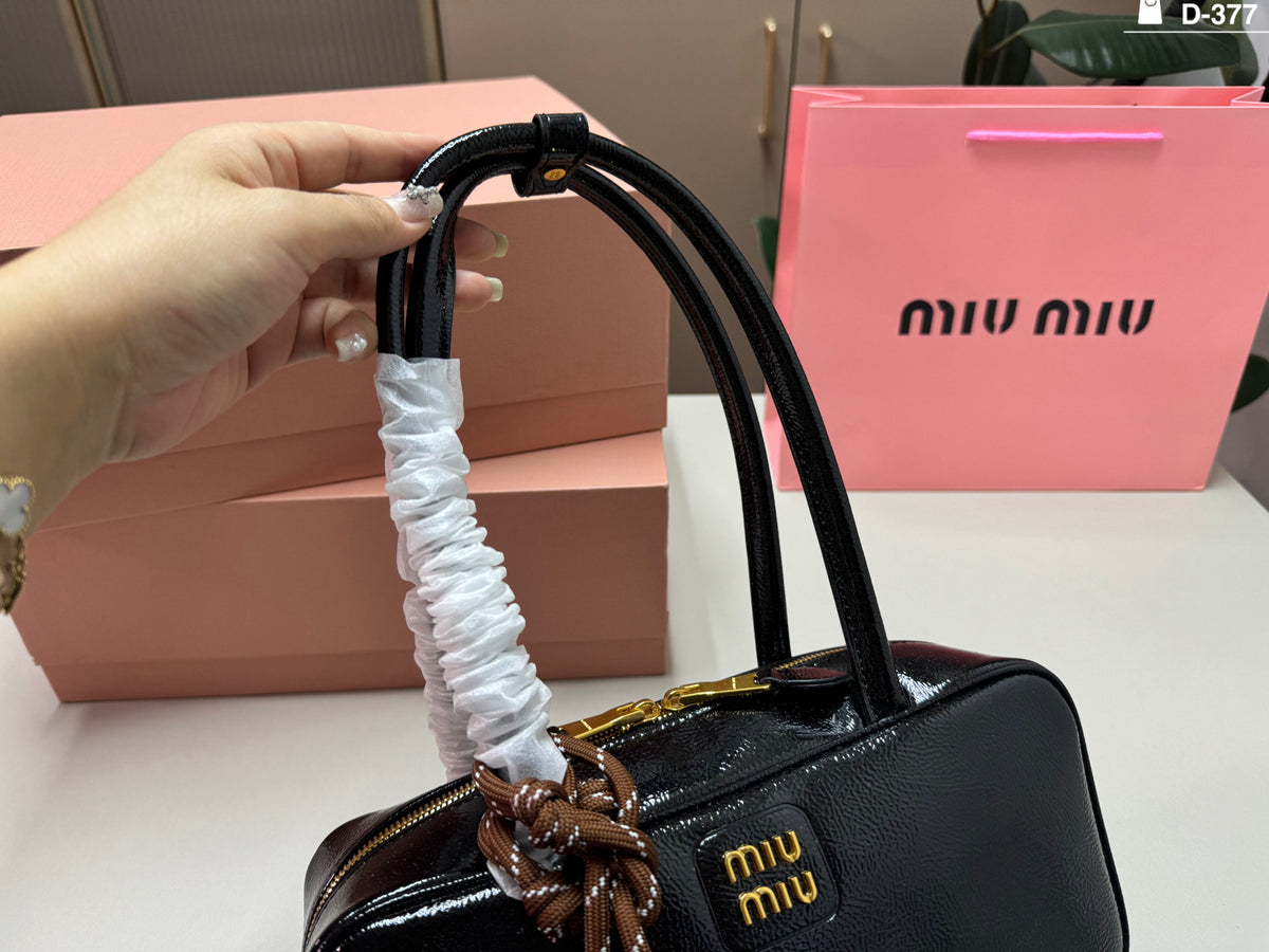 Glossy Black Shoulder Bag with Gold-Tone Zip