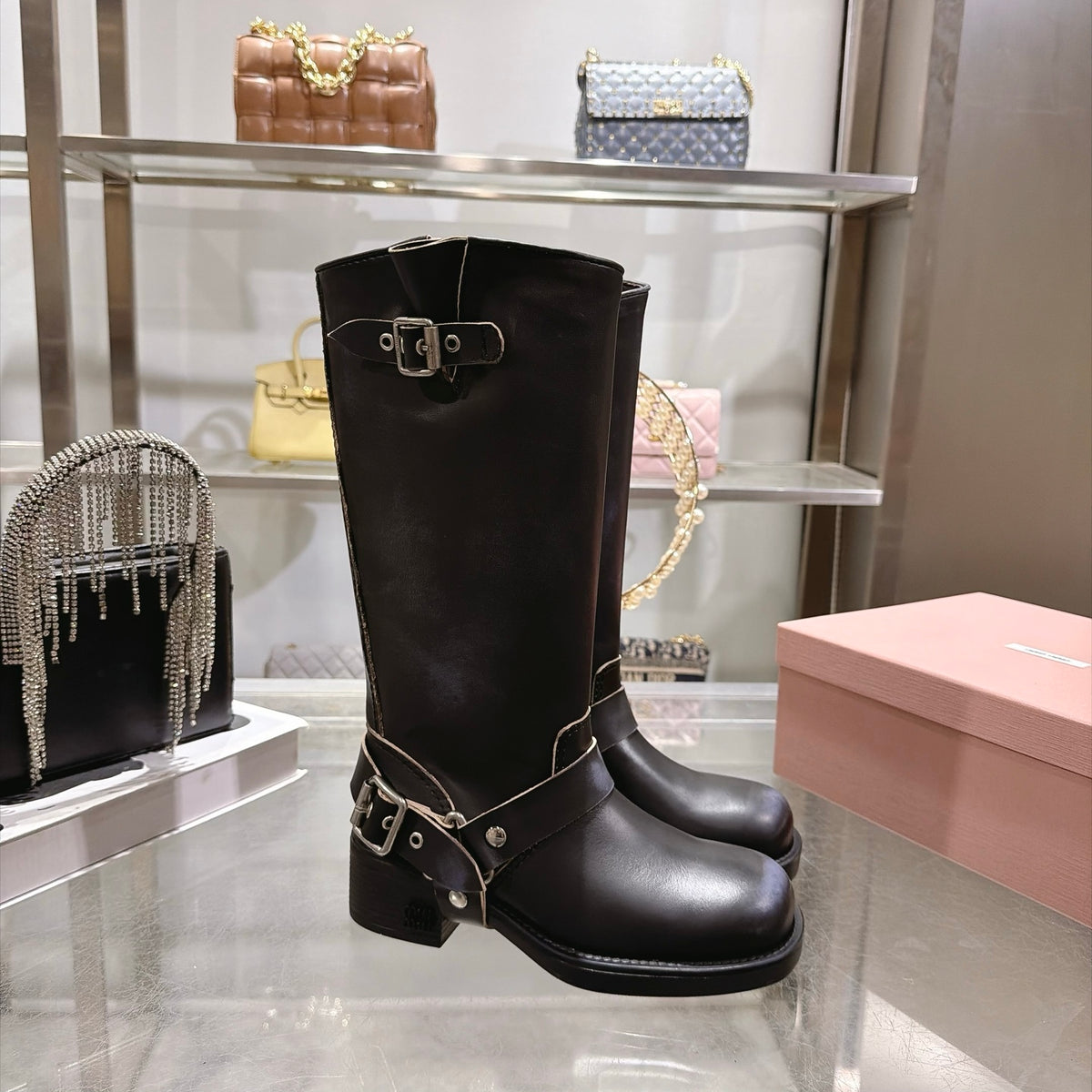 Black Tall Boots with Ankle Strap Detail