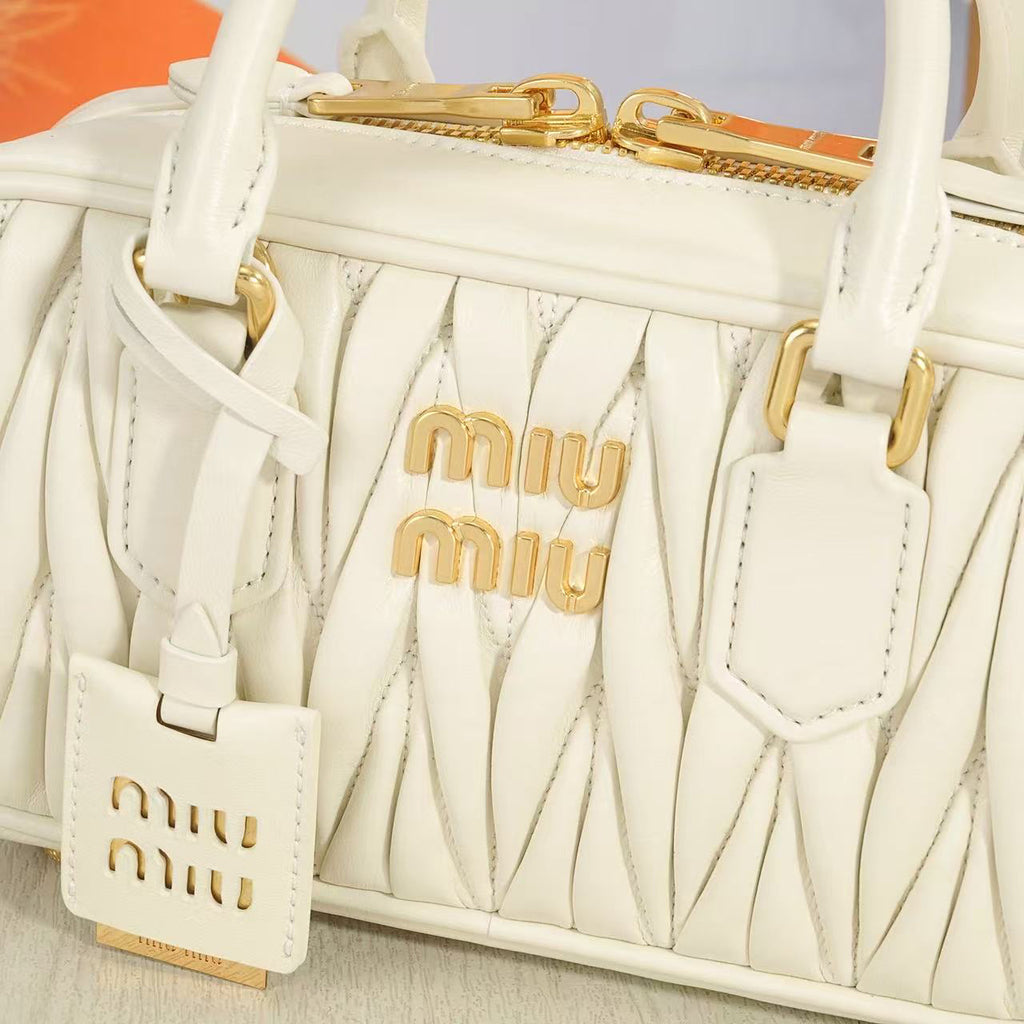 Ivory Ruched Top-Handle Bag with Shoulder Strap