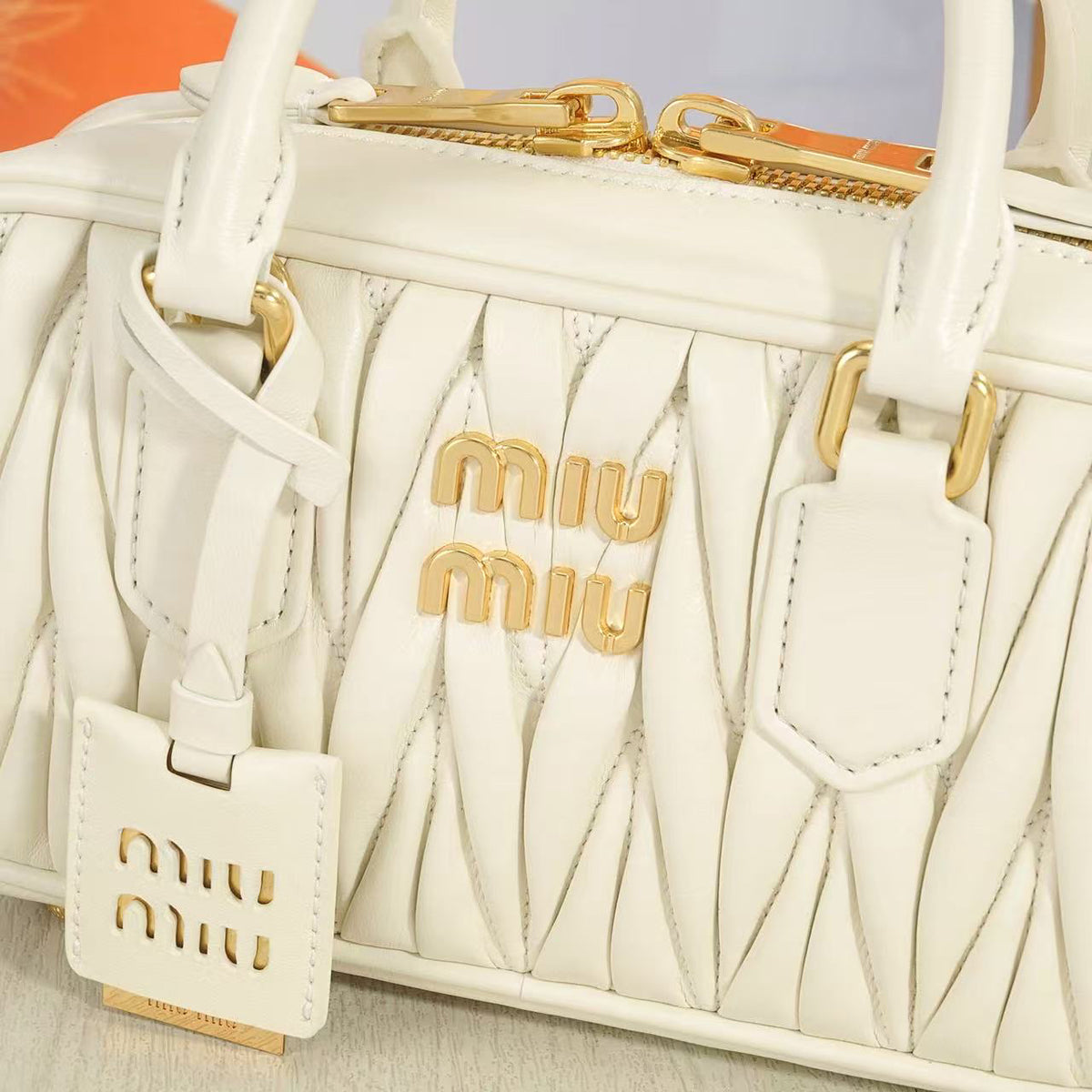 Ivory Ruched Top-Handle Bag with Shoulder Strap