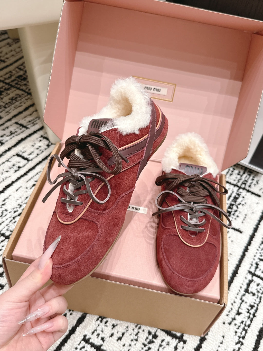 Burgundy Lace-Up Sneakers with Cream Fluffy Trim