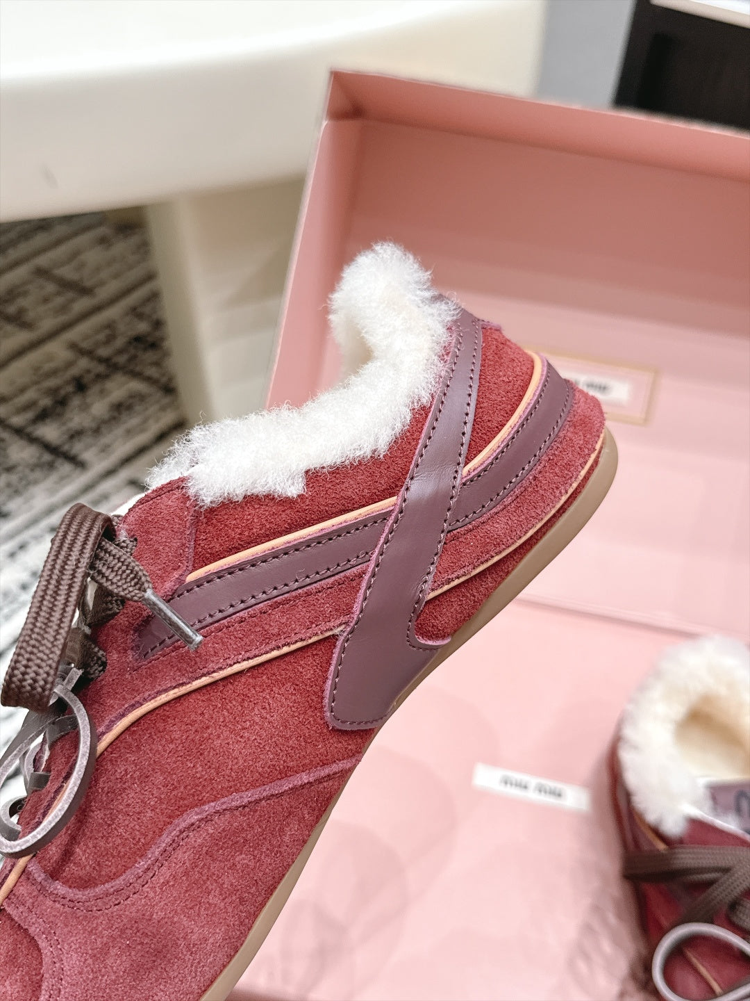 Burgundy Lace-Up Sneakers with Cream Fluffy Trim