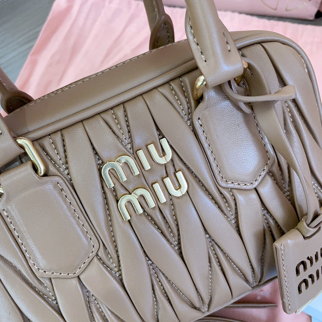 Taupe Ruched Top-Handle Bag with Gold-Tone Zip