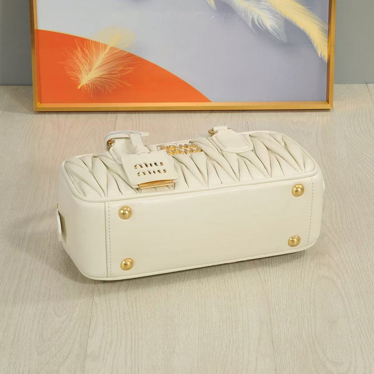 Ivory Ruched Top-Handle Bag with Shoulder Strap