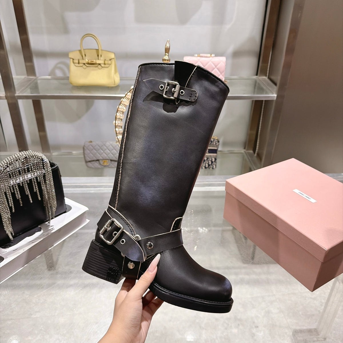 Black Tall Boots with Ankle Strap Detail