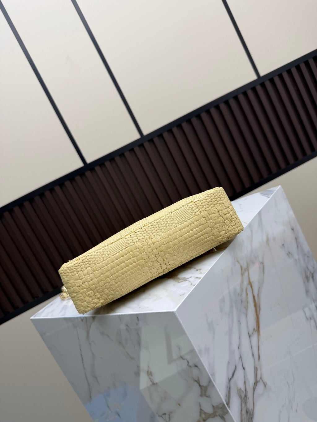 Pale Yellow Textured Shoulder Bag with Gold-Tone Chain