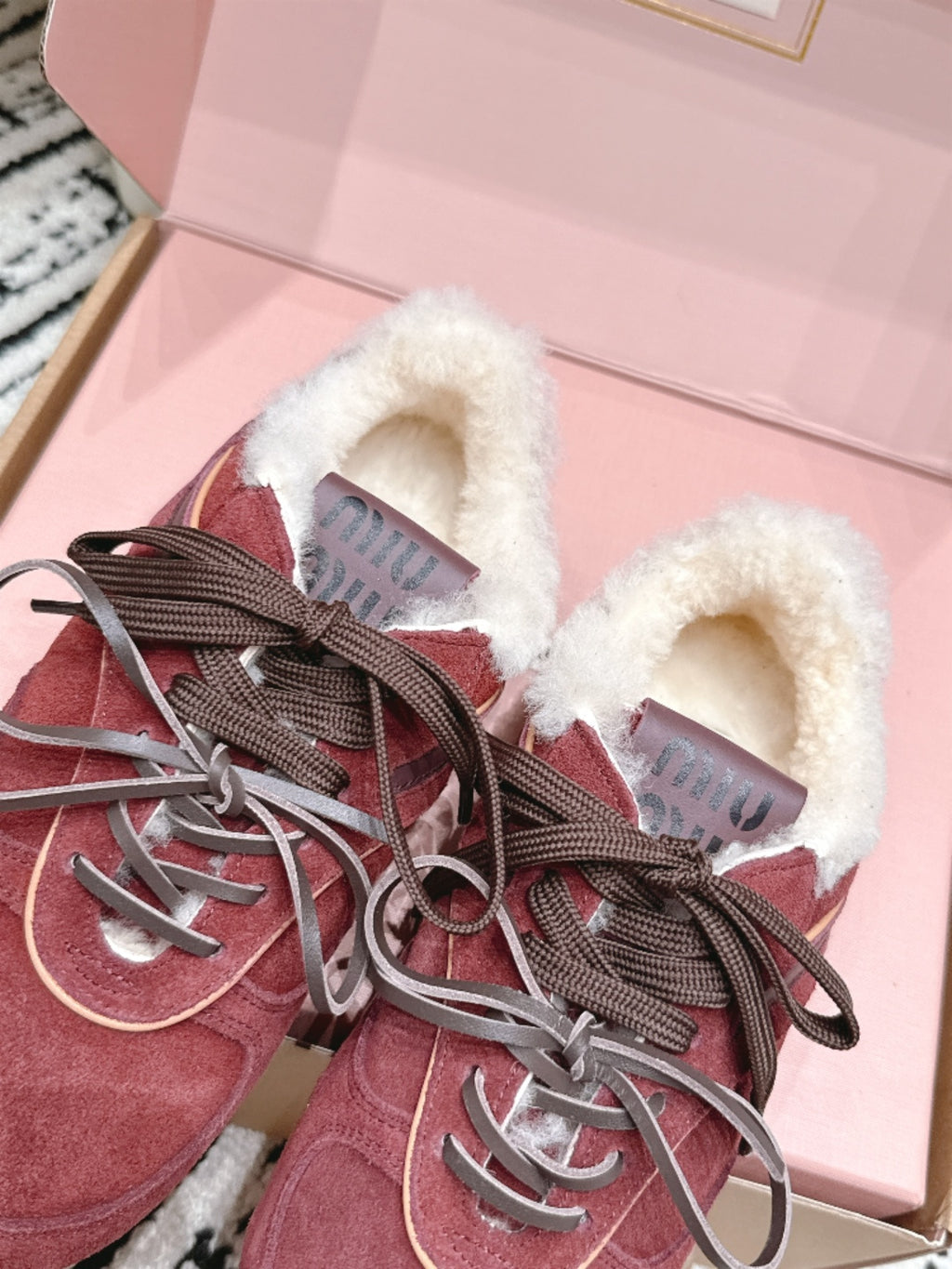 Burgundy Lace-Up Sneakers with Cream Fluffy Trim