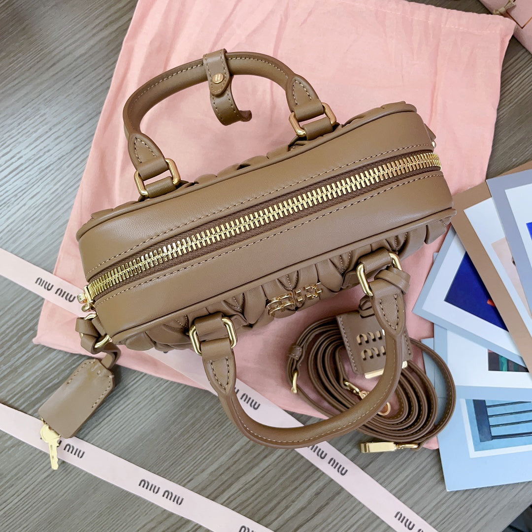 Taupe Ruched Top-Handle Bag with Gold-Tone Zip
